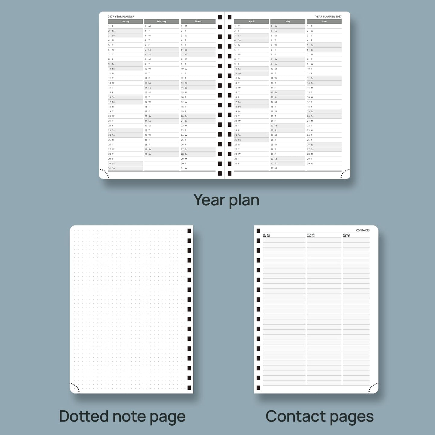 POPRUN 2026 Planner Weekly Notebook (Jan-Dec), Medium 8.5''x 6.5'' - Agenda 2026 Calendar Book with Monthly Tabs, Inner Pocket, Spiral Soft Cover, 100 GSM - Black