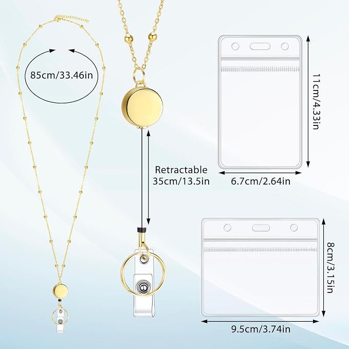Lanyards for Id Badges Stainless Steel Badge Lanyard with 2 Pcs Waterproof Badge Holder Retractable Badge Reels Teacher Gifts Lanyard for Cruise Ship Key Cards (Gold)