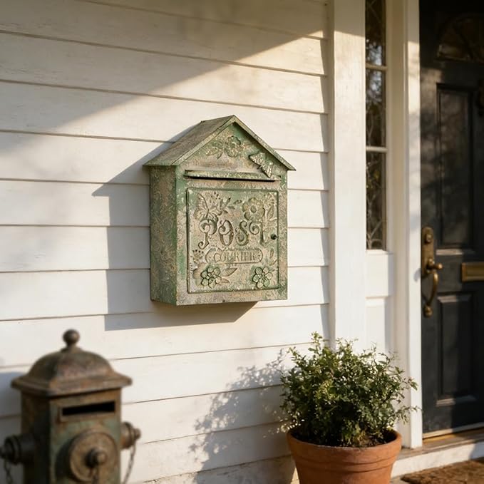 Vintage White Wall Mount Mailbox for Outside, Metal Post Box Decorative Antique Style Mail Drop Box for House Decor(Light Green)