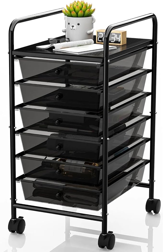 Rolling Storage Cart with Drawers 6-Tier Office Transparent Black | Utility Cart with 6 Drawers & 2 Lockable Caster Wheels, Multipurpose Mobile Drawer Cart for School Bathroom Kitchen