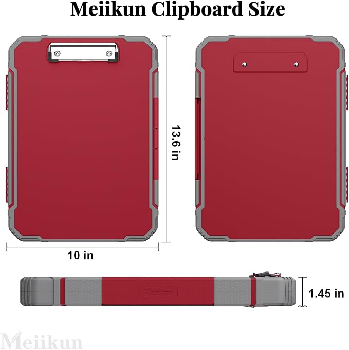 Meiikun Clipboard with Storage, Rugged Shockproof Protective, Internal Pen Pouch & Metal Clip, Heavy Duty Plastic Clip Boards 8.5x11, High Capacity Contractor Folder for School Office (Red)