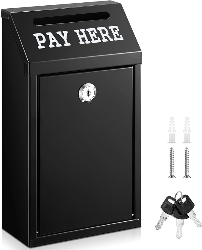 Yaocom Safe Metal Cash Box for Farm Stand – Money Drop and Secure Donation Collection, Wall Mount Lockable Unit with Pre Drilled Holes for Outdoor Self Serve(Black,10.2 x 5.7 x 2.8 Inch)
