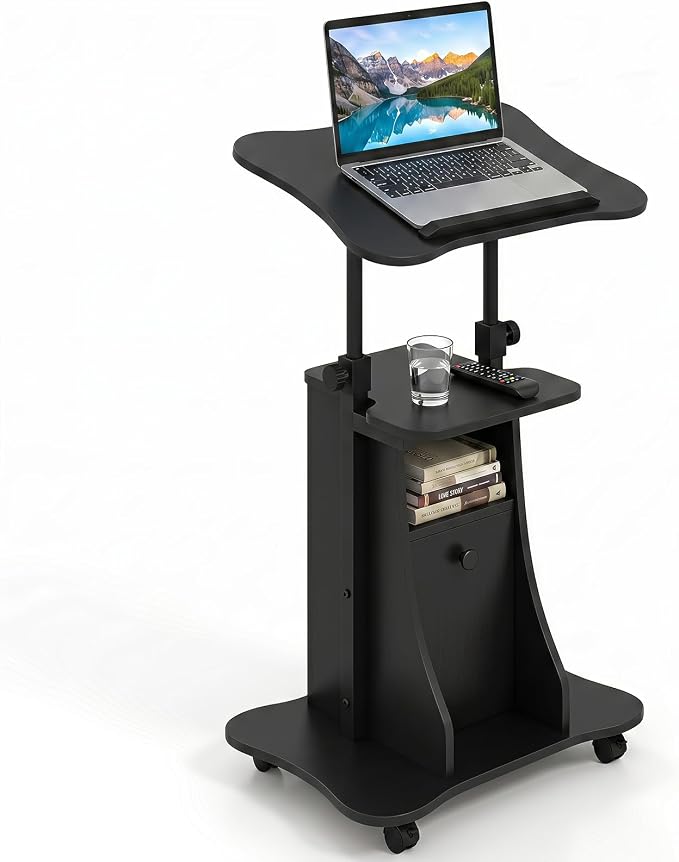 Tangkula Rolling Lectern Podium Stand, Height Adjustable Laptop Table with Tilting Tabletop & Storage Shelves, Compact Standing Desk with Lockable Casters for Home Office School (Black)
