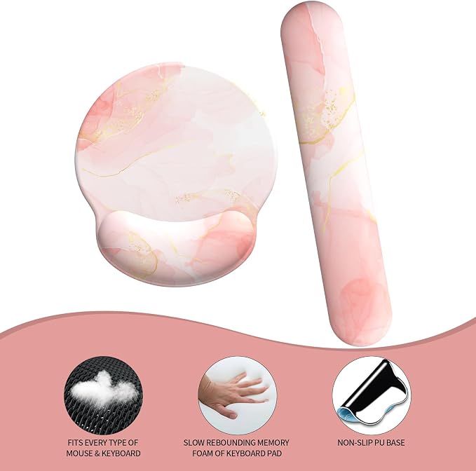 Mouse Pad Wrist Support, Ergonomic Memory Foam Keyboard Wrist Pad & Gel Wrist Rest Set for Computer Keyboard for Easy Typing & Pain Relief for Office & Home (Pink Marble)