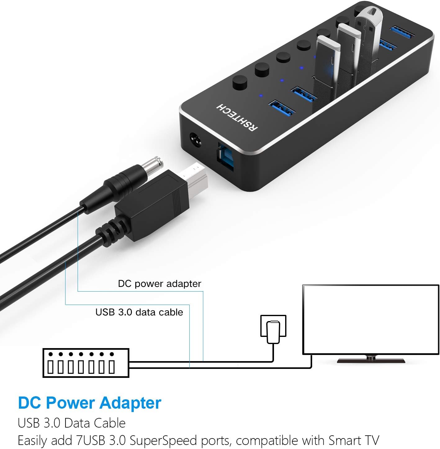 USB 3.0 Hub, RSHTECH 7 Port Powered USB Hub Expander Aluminum USB 3.0 Data Port hub with Universal 5V AC Adapter and Individual On/Off Switches USB Splitter for Laptop and PC(Black)