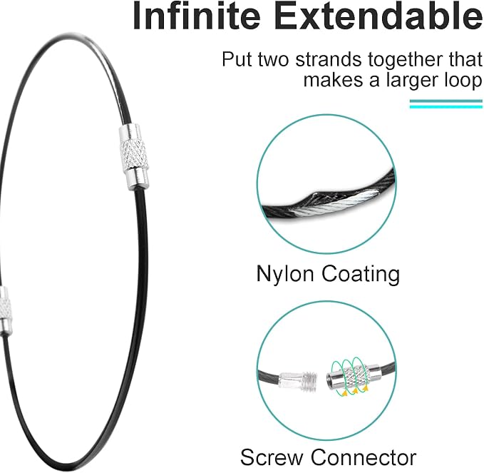 CooBigo 20Pack 10" Large Wire Key Chain Rings Big Cable Keychain 2mm Stainless Steel Wire Luggage Tag Loops Car Keyrings Women Bracelets Beads (Black, Metal)