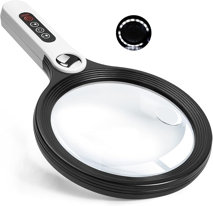 Large Magnifying Glass with Light, Ebbnivs Handheld Magnifying Glasses Magnifier with 5 Light Modes & 10 Level Brightness Gift for Elderly Reading Close Work Hobby