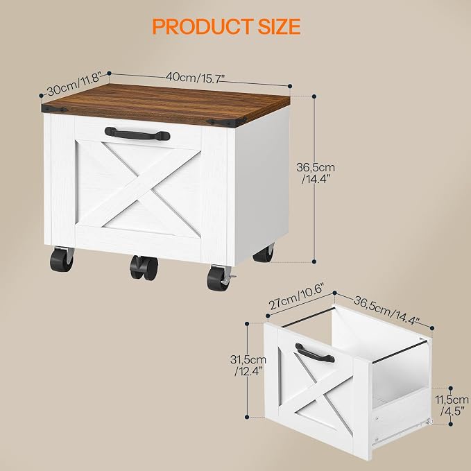 HOOBRO Farmhouse File Cabinet, Small Rolling File Cart Under Desk, 1-Drawer File Cabinet for Home Office, Printer Stand with Drawers, File Organizer Fits A4/Letter Size, White and Walnut, WH34WJ01