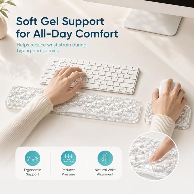 Ergonomic Gel Keyboard Wrist Rest Set, Soft Gel Palm Rest for Keyboard and Mouse, Clear Wrist Support Pad for Typing and Gaming Pain Relief, Non-Slip Base for Computer Laptop (Rectangular)