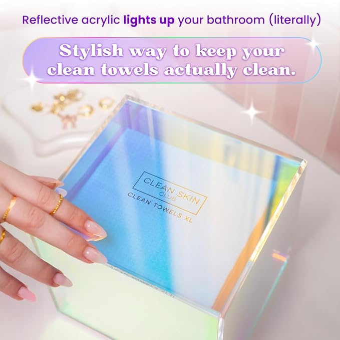 CLEAN SKIN CLUB Prism Box for Clean Towels XL – Acrylic Bathroom Storage Organizer, Holds 50 Disposable Face Towels, Dust-Proof Countertop Container with Lid for Skincare & Vanity Organization
