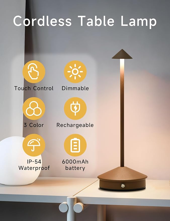 LED Rechargeable Cordless Table Lamps Brown | 2 Pcs Portable Modern USB Battery Operated Lights,Waterproof Touch Dimmable Desk Lamp,for Patio,Restaurant,Bar,Dining Home