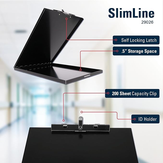 Saunders Slim Metal Clipboard with Storage, Heavy Duty Aluminum Form Holder for Nursing & Contractors, Letter Size Paper Organizer Box with Secure Locking Latch, Made in USA, Black
