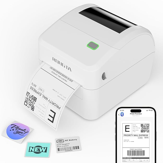 Rongta Bluetooth Thermal Shipping Label Printer, Wireless 4x6 Label Sticker Printer for Shipping Packages, Support Android, iPhone, Widely Used for Amazon, Ebay, Shopify, Etsy, UPS, White