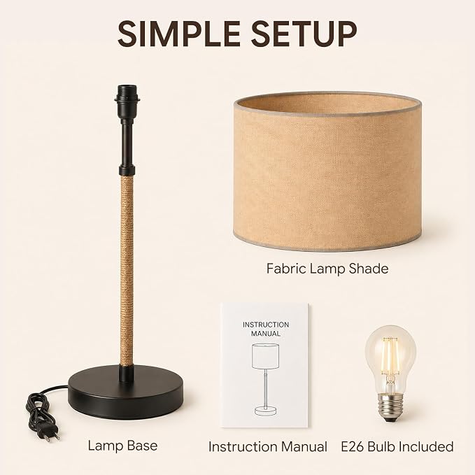 BySea Nordic Linen Desk Lamp, 21.1" Tall Metal Table Lamp for Living Room, Minimalist Bedside Nightstand Lamp with Fabric Drum Shade, Japandi Decor, Warm Yellow Light, 6.6ft Cord