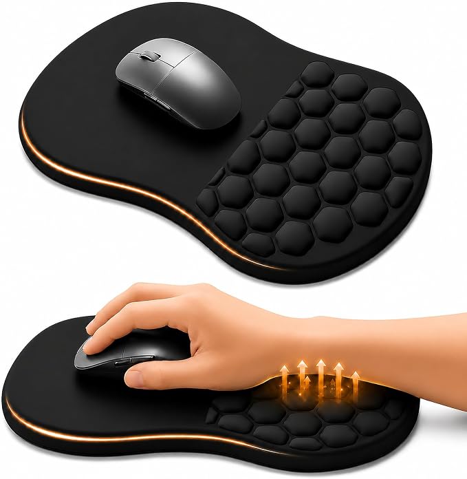 Ergonomic Mouse Pad with Wrist Rest, Large 12x8 inch, Black | Memory Foam, Dual-Slope Wrist Support, Non-Slip, For Office & Gaming