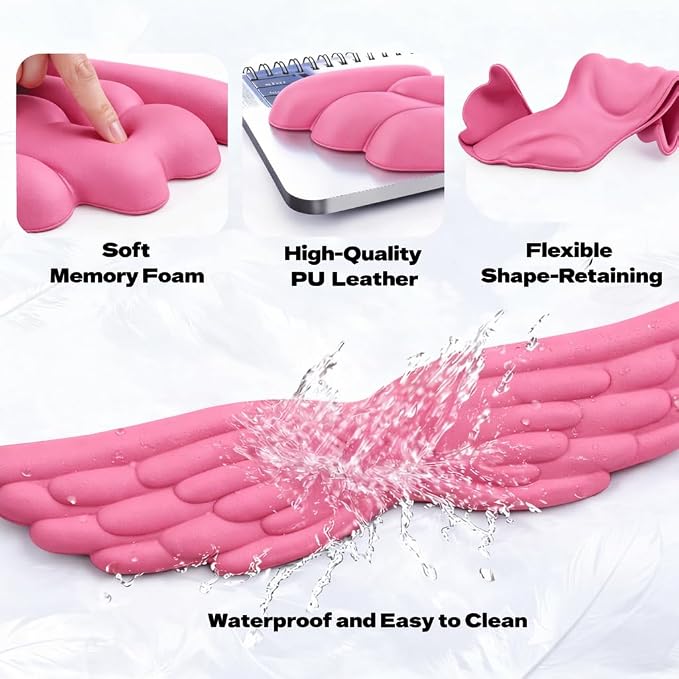 Angel Wing Wrist Rest Ergonomic Memory Foam Wrist Rest for Computer Keyboard Mouse Set with Cup Mat, Cute Gaming Keyboard Cushion Hand Support PU Leather Surface Anti-Slip Waterproof (Rose Red)