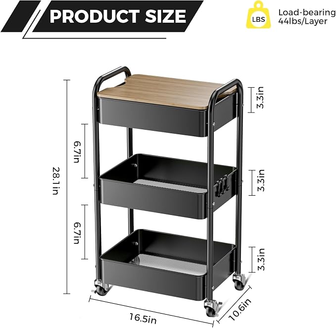 3-Tier Rolling Cart with Table Top, Metal Utility Cart on Wheels | Sturdy Storage Organizer Cart with Lockable Wheels&Hooks for Craft, Office, Classroom, Kitchen and Bathroom, Black