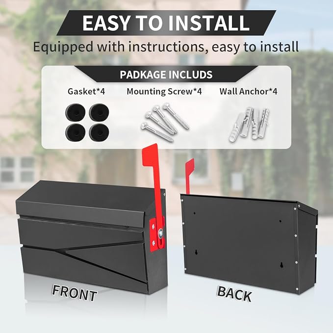 Ydocabinit Wall Mount Mailbox, Large Capacity Mailbox for House, with Flag Kit, Galvanized Steel Rust-Proof Metal Post Drop Box, Mailboxes for Outside, 15.74"×9.84"×4.33", Black Modern Sleek Style