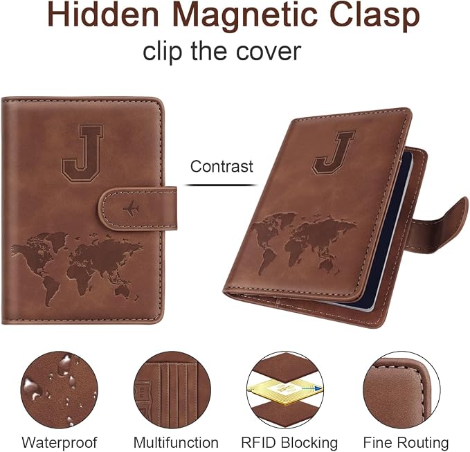 Passport Holder Wallet Cover Personalized Initial Travel Essentials | Embossed Letter A-Z Design, Travel Wallets, RFID Blocking, Passport Book Holders, Women Men, Personalized Gifts, Brown-J