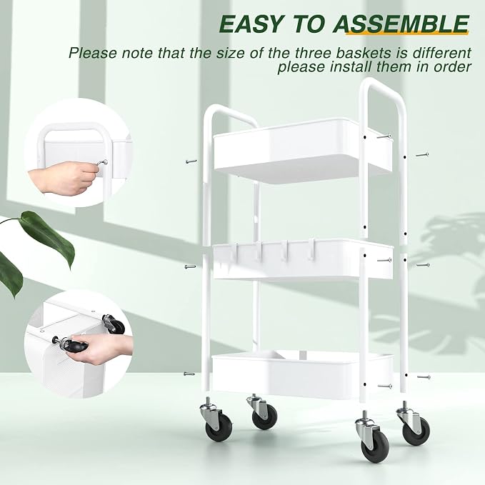 LEHOM 3 Tier Rolling Cart, Metal Rolling Utility Cart with Lockable Wheels | Multi-Functional Heavy Duty Storage Cart Organizer for Bathroom, Kitchen, Office, Living Room, Rolling Storage Trolley