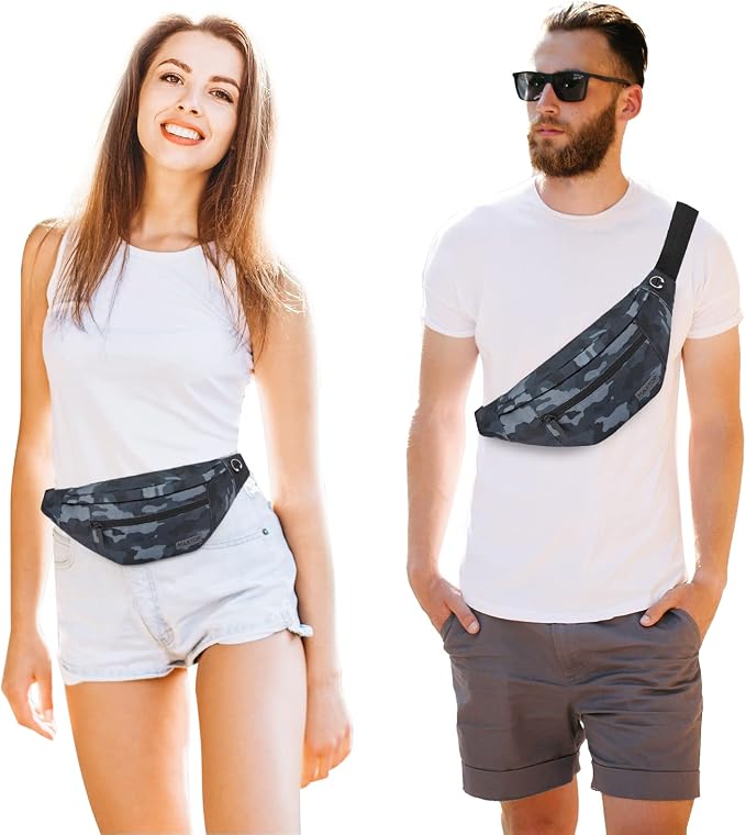 Small Camo Black Crossbody Bag Shoulder Fanny Pack with 4-Zipper Pockets | Polyester,Hands-Free,Gifts for Enjoy Sports Traveling Running Casual Wallets Waist Bag Carrying All Phones