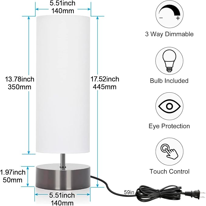 Touch Table Lamp, 3-Way Dimmable Bedside Lamp with Cylinder Fabric Shade | Modern Minimalist Accent Nightstand Desk Lamp, Night Light for Bedroom Living Room Kitchen, LED Bulb Included