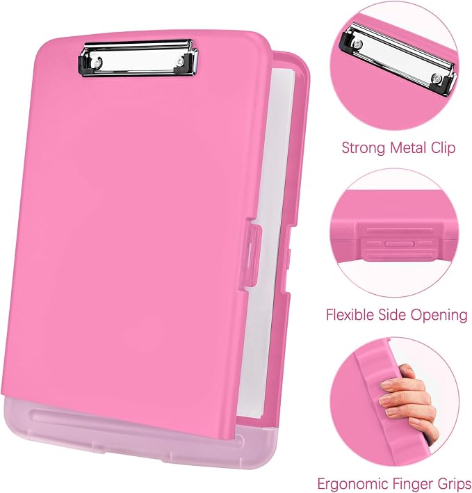 Meiikun Clipboard with Storage, Plastic Clipboards 8.5x11 with Pen Holder, High Capacity Nursing Clipboard Folder, Side Opening Storage Clip Board for Office Work Nurses Teachers (Pink)