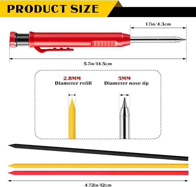 Sabary 20 Pcs Solid Carpenter Pencils with 120 Pcs 2.8mm Refills Long Nosed Deep Hole Mechanical Pencil Marker Construction with Built in Sharpener for Woodworking Drafting Architect Tool