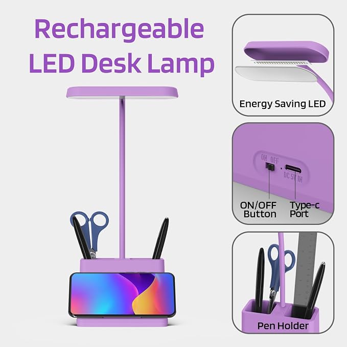 Purple Desk Lamp, Cute Table Light for Home Office College Dorm | Small, LED, Rechargeable, Battery Operated, Cordless, Gooseneck, Mini, Study Accessories, for Teen Girls