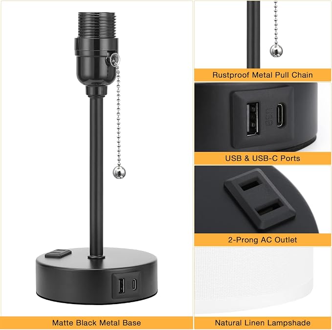 Bedside Table Lamp for Bedroom Set of 2, Small Desk Lamp with USB Ports | USB A+C Ports, AC Outlet, 3 Color Temperatures, LED Bulb Included, White Fabric Shade, Matte Black Base, 14" Tall, 2-Pack