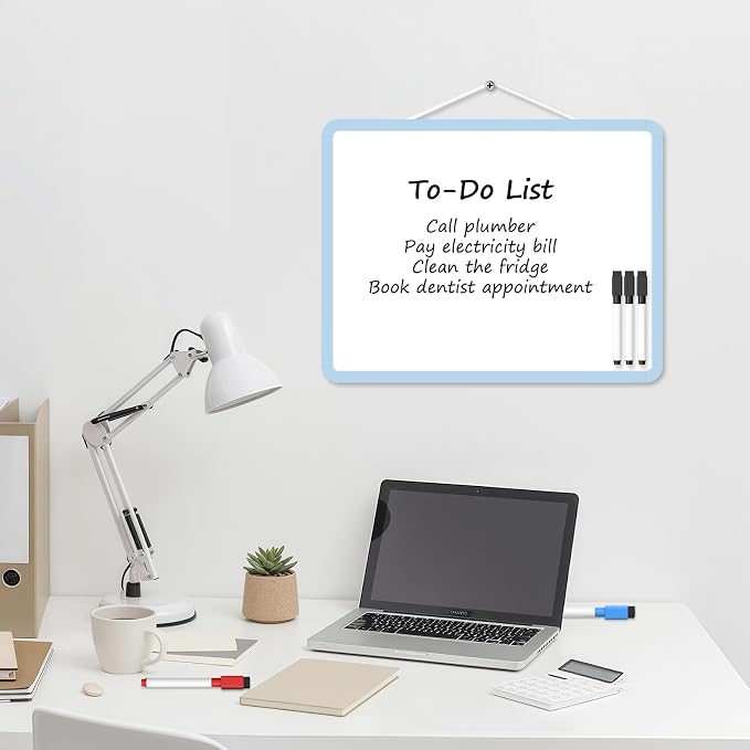 Small Wall White Board, 11" x 14" Mini Double-Sided Magnetic Dry Erase Board with Plastic Frame, Hanging Whiteboard with 5 Markers for Kids Students School Kitchen Home & Office, Blue