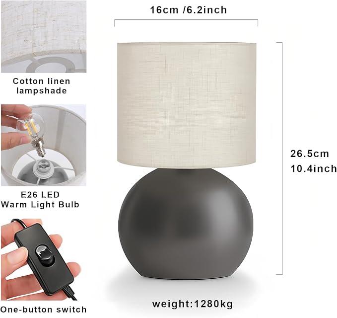Modern Small Table Lamp Set of 2, Minimalist Nightstand Bedside Lamps with One-Button Inline Switch, 6.2×6.2×10.4 Inch Desk Light for Bedroom, Living Room,Including Light Bulb（Grey）
