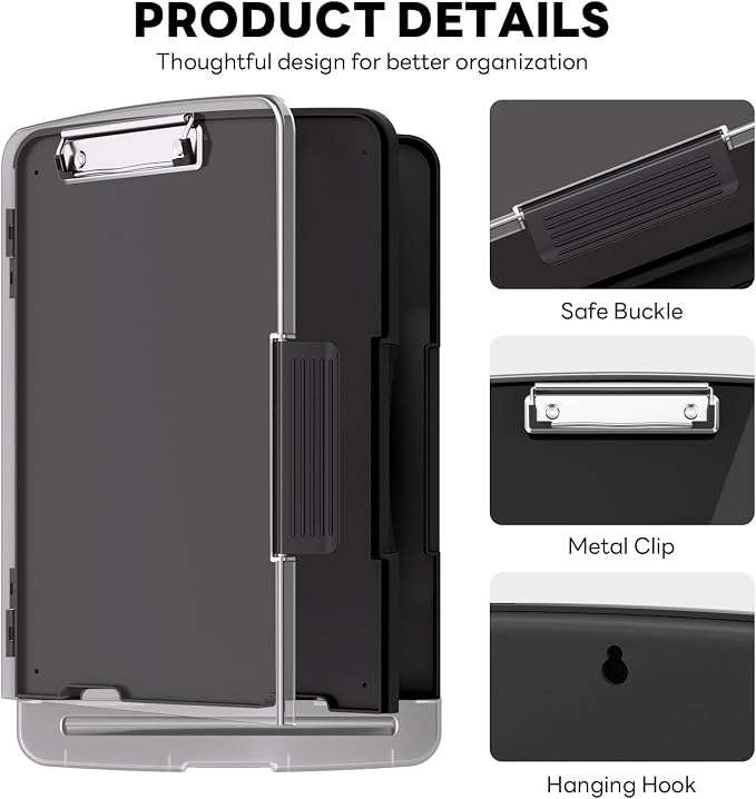 Clipboard with Storage and Pen Holder, Black 8.5 x 11'' Folder Side Open, Heavy Duty with Dual Compartment, Clear Dry Erase for Coach, Size 14.5 x 9.8 x 1.5'', Office & School Supply