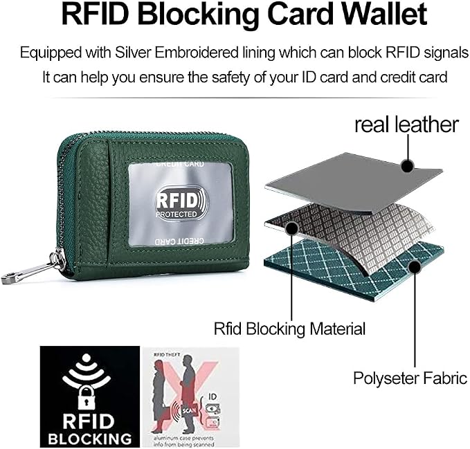 Genuine Leather Credit Card Wallet Accordion Zipper Rfid Credit Card Holder Small Coin Purse with ID Window (green)