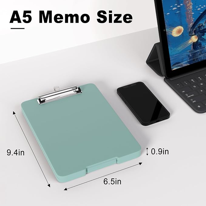 Hongri A5 Clipboard with Storage, Metal Retractable Pen Holder, Dark Green | 6 x 9'' Nursing Plastic Foldable Clip Board, Size 9.4 x 6.1 x 0.9 in, Menu Box for Work, Office & School Supplies