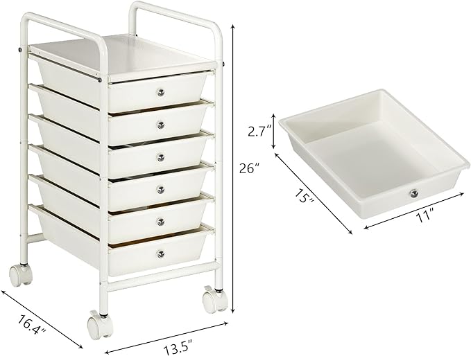 Rolling Storage Cart with Drawers 6-Tier Lock Wheels Office White | Utility Cart with 6 Drawers & 2 Lockable Caster, Multipurpose Mobile Drawer Cart for School Bathroom Kitchen