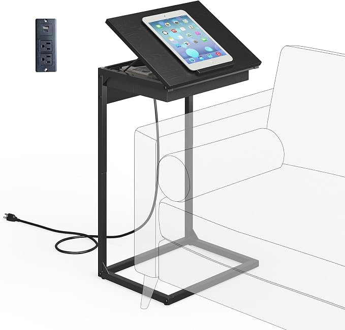 sthmec C Shaped End Table with Charging Station, 45° Tiltable Adjustable Flip Top Side Table with Storage,Small C Table for Small Spaces,Slide Under Couch Sofa Bedside Table for Living Room, Black