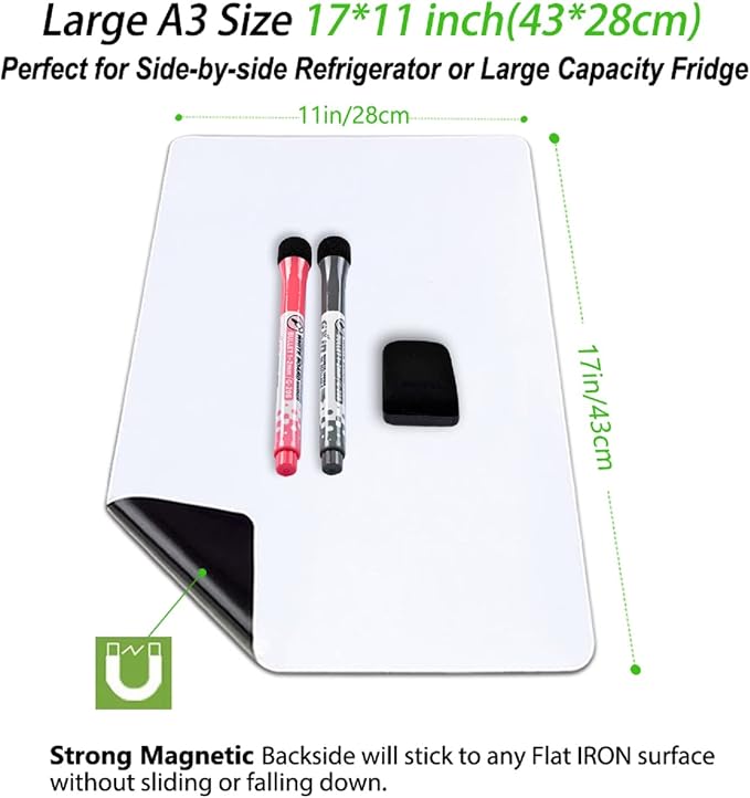 Magnetic Dry Erase Board Fridge Whiteboard Sheet 17"x11" | Easy to Write & Clean, Flexible Refrigerator Magnet, White Board Planner for Kitchen Grocery & To Do List, 2 Markers & Eraser