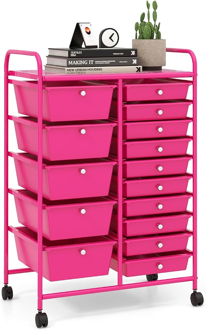 15 Drawer Rolling Storage Cart, Rolling Cart with Drawers for Classroom, Art Supply Craft Organizer on Wheel with Metal Frame & Handles for Home Office School