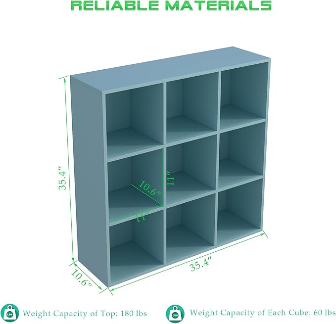 OSCHF 9-Cube Storage Shelf Bookcase - Wooden 3-Tier Floor Standing Open Bookshelf for Home and Office, Display Cabinet, Light Blue