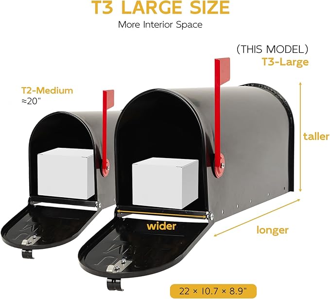 BlissBoard Large Mailboxes for Outside, Black Galvanized Steel Post Mount Mailboxes, Rust-Resistant Large Capacity Metal Mail Boxes for House Outside, 22 x 10.7 x 8.9 inches