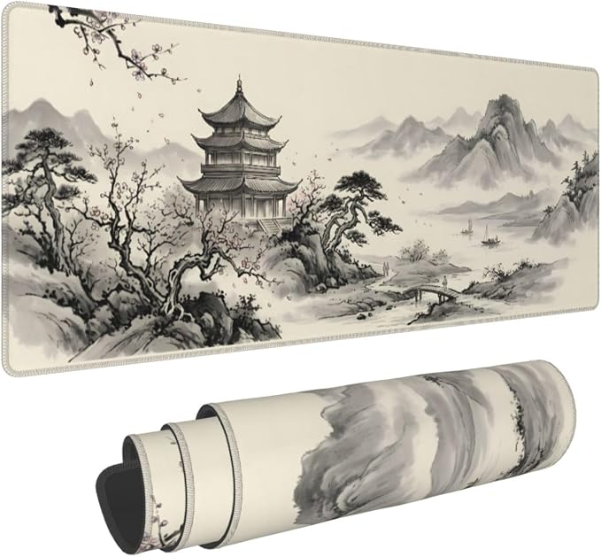 Japanese Cherry Blossoms Gaming Mouse Pad Large Extended Desk Mat Non-Slip Rubber Base Keyboard Pad with Stitched Edges for Office Gaming 31.5x11.8 in