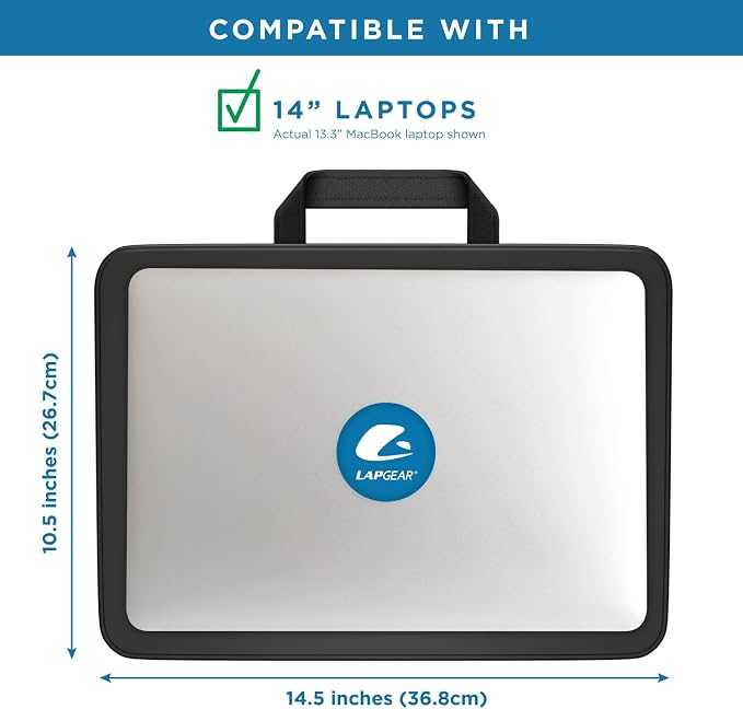 LAPGEAR Compact Lap Desk – Black, Fits 14" Laptops | Microbead Cushion, Built-In Pencil Slot, Carry Handle, Fits Standard Letter-Size Paper (8.5" × 11")