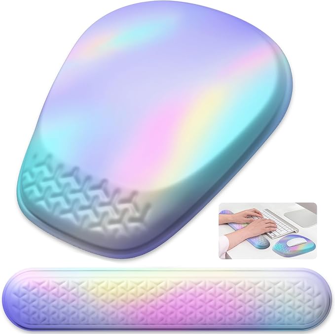 Ergonomic Mouse Pad with Wrist Rest, Memory Foam Support for Office | Sloped Ergonomic Design, Bumpy Massage Beads, Non-Slip PU Base, for Typing & Gaming, Gradient Blue Pink