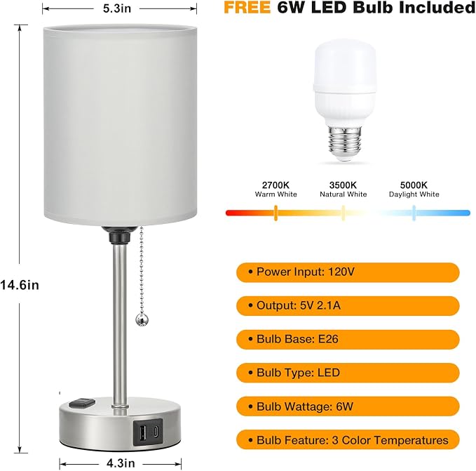 Small Bedside Table Lamp for Bedroom - Desk Lamp with USB Ports for Dorm | USB A+C Ports, AC Outlet, 3 Color Temperatures, LED Bulb Included, Grey Fabric Shade, Sleek Silver Base, 14" Night Stand Lamp