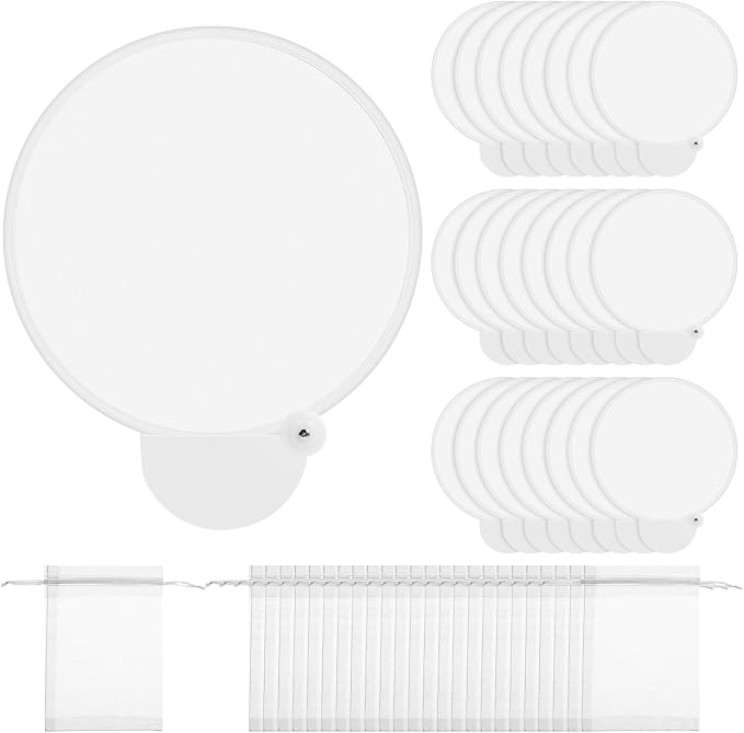 Roowest 24 Pcs 7.87“ Round Sublimation Blank Foldable Fan with Bag Polyester Colored Portable Handheld Compact Fold up Flying Disc Fans for Summer Wedding Graduation Party Favor (White)