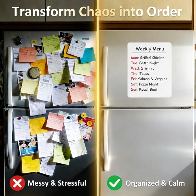 Magnetic White Board for Refrigerator Plan Weekly Menus at a Glance | Dry Erase Sheet for Meal Schedules - 12" x 8" Kitchen Command Center for Busy Moms with Magnet Backing Packed Flat