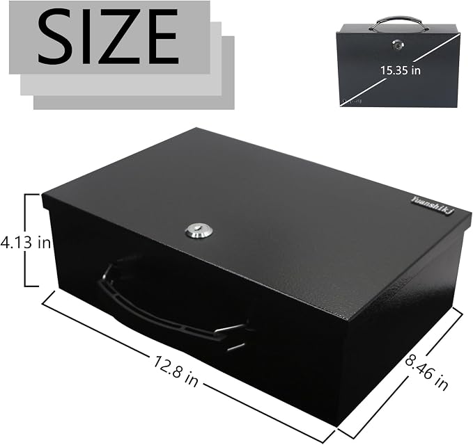 Yuanshikj Fireproof Key Lock Steel Security Safe Box, 0.28 Cu Ft, Black | Portable,Fire Resistance,12.8" W x 8.5" D x 4.5" H,With Carrying Handle, for Personal Items, Documents,Cash,Jewelry, Money