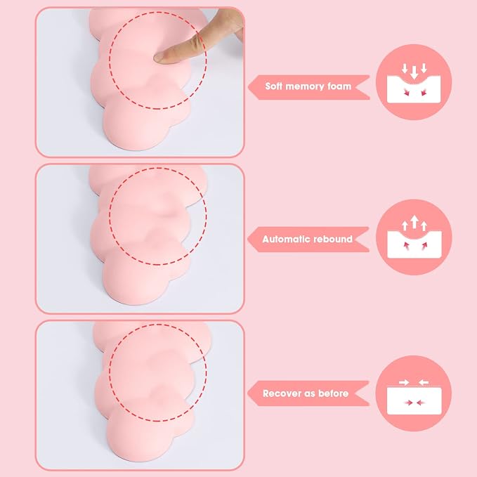 ATTACK SHARK Cloud Mouse Pad Wrist Support and Keyboard Wrist Rest,Ergonomic Design for Typing Pain Relief,Memory Foam Wrist Rest Leather Cup Coaster,Lightweight Desk Gel Hand Wrist Rests(Pink)
