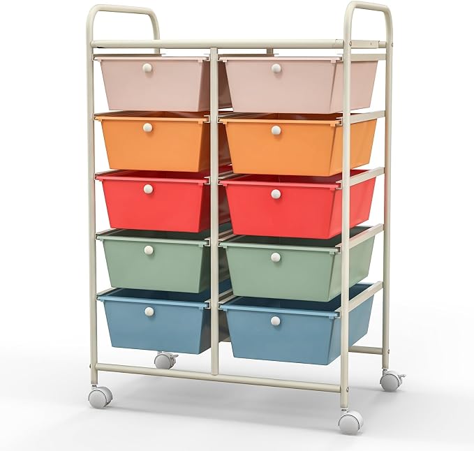 BECOMFORT 10-Drawer Rolling Cart with Drawers, Storage Cart on Wheels, Teacher Classroom Organizers with Metal Frame, Mobile Craft Cart, Trolley Utility Cart for School Office Play Room